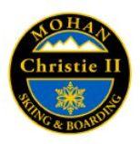 Mohan Christie II Personal Achievement Award Pin.  Links Christie II turns (bringing skis parallel at or before fall line) on blue slopes.  Uses turn radius to control speed and direction.